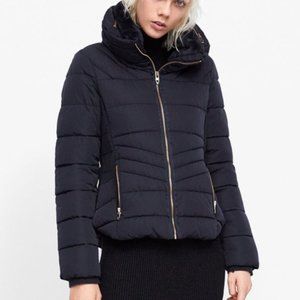 ZARA BLUE WARM QUILTED PARKA JACKET HOOD BRAND NEW WITH TAGS // LARGE